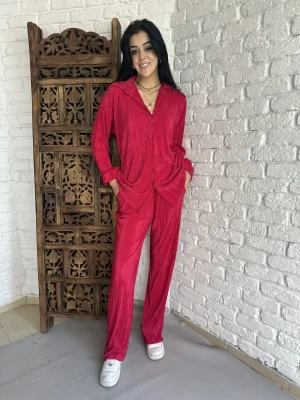 Kadın Piliseli Gömlek Ve Beli Lastikli Rahat Kalıp Pantolon Takım