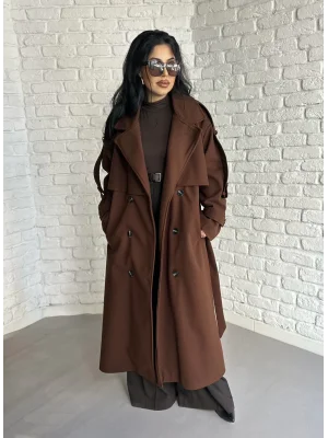 Kadın Premium Uzun Kuşaklı Astarlı Kaban