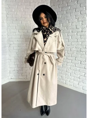 Kadın Premium Uzun Kuşaklı Astarlı Kaban