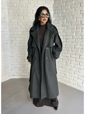 Kadın Premium Uzun Kuşaklı Astarlı Kaban