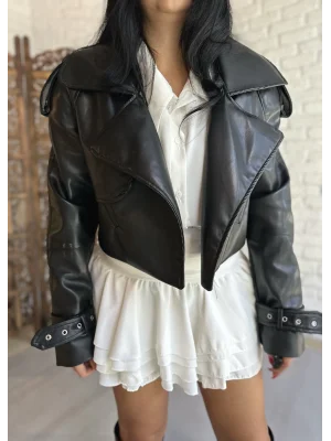 Kadın PREMİUM VATKALI CROP DERİ CEKET