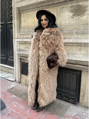 Kadın Saçaklı Uzun Premium Kürk Kaban