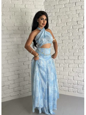 Kadın Şal Desen Crop Ve Etek Takım