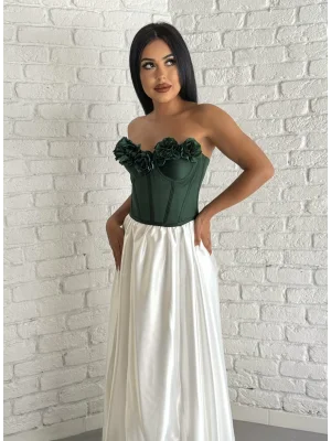 Kadın Saten Arkadan Bağcıklı Çiçek Aplikeli Korse Büstiyer