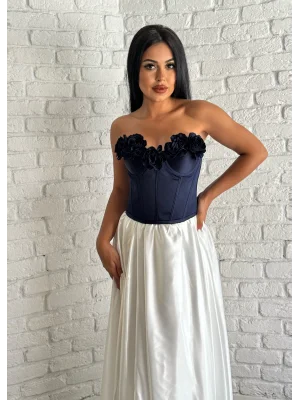 Kadın Saten Arkadan Bağcıklı Çiçek Aplikeli Korse Büstiyer