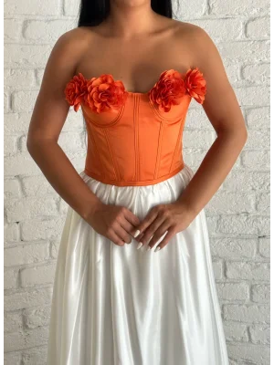 Kadın Saten Arkadan Bağcıklı Çiçek Aplikeli Korse Büstiyer