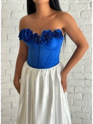 Kadın Saten Arkadan Bağcıklı Çiçek Aplikeli Korse Büstiyer