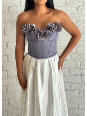 Kadın Saten Arkadan Bağcıklı Çiçek Aplikeli Korse Büstiyer