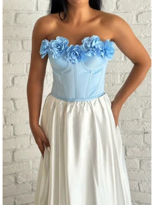 Kadın Saten Arkadan Bağcıklı Çiçek Aplikeli Korse Büstiyer