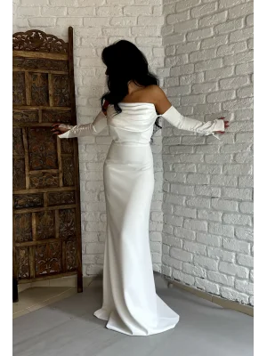 Kadın Saten Kol Aksesuarlı Straplez ALYA Abiye