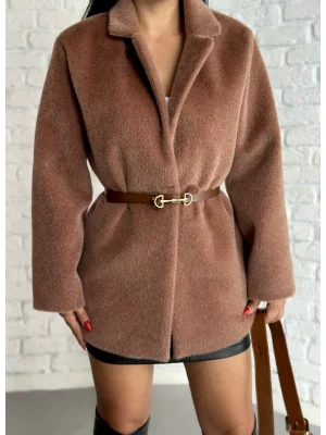 Kadın Tay Tüylü Astarlı Kemerli Blazer Ceket