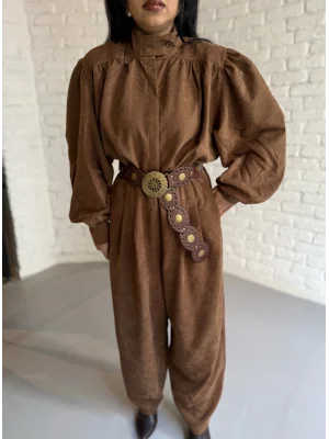 Kadın Vintage Süet Balon Kol Gömlek Ve Şalvar Pantolon Takım