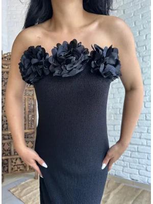 Kadın Yakası Çiçekli Örme Tasarım Elbise