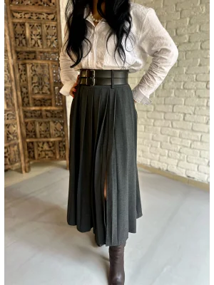 Kadın Yandan Yırtmaçlı Pileli Kemerli Midi Etek