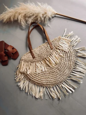 Kadın Yuvarlak Tasarım Saçaklı Hasır Çanta