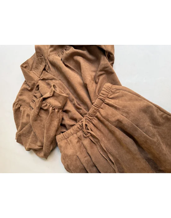 Kadın Vintage Süet Balon Kol Gömlek Ve Şalvar Pantolon Takım