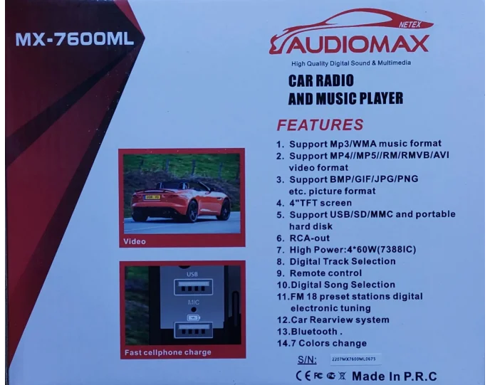 Audiomax MX 7600ML 4inc Ekranlı Oto Teyp