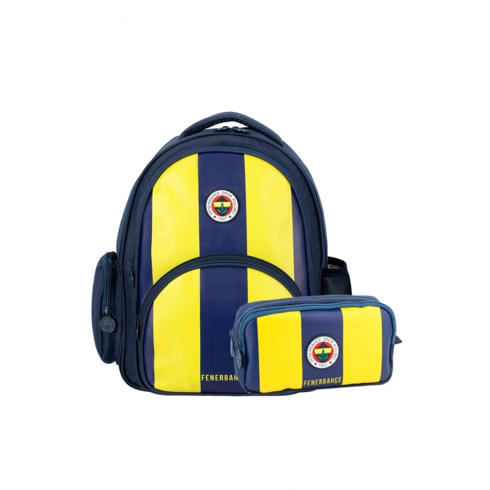 3 Bölmeli Çubuklu Arma Baskılı Suni Deri Okul Çantası + Kalemlik