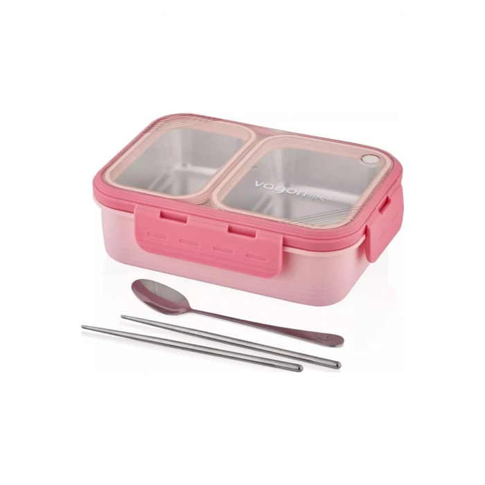 İki Bölmeli Çelik Beslenme Kabı Pembe 700 ml Vgn 7096