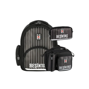 Lisanslı 3 Bölmeli İnce Çubuklu Suni Deri Okul Çantası + Beslenme Çantası + Kalemlik Seti