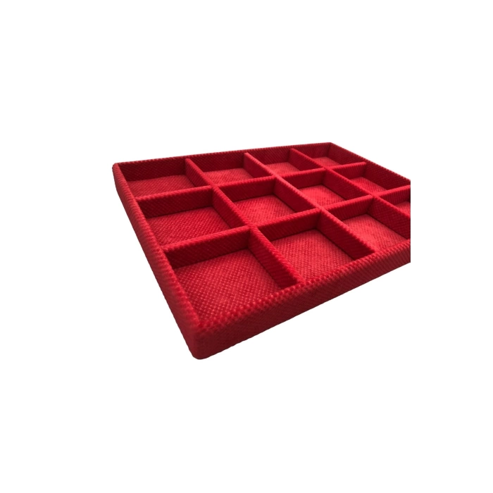 Yerli Üretim Keten Kumaş Kırmızı Renk 34 Cm / 24 Cm 12 Bölmeli Çekmece Içi Takı Standı