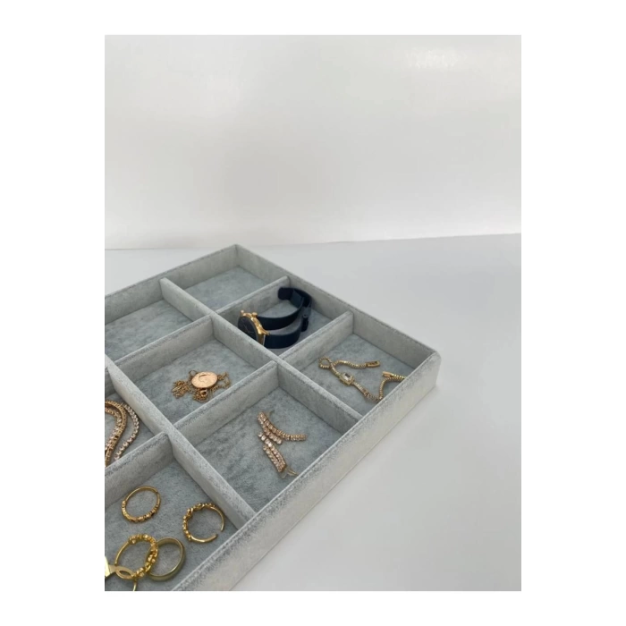 Yerli Üretim Süet Kumaş Gri Renk 34 Cm / 24 Cm 12 Bölmeli Çekmece Içi Takı Standı