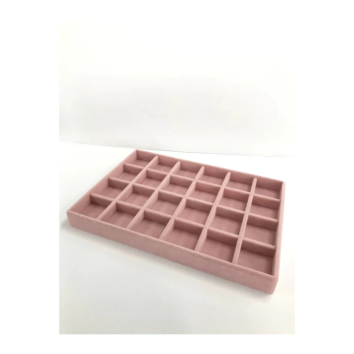 Yerli Üretim Süet Kumaş Pembe Renk 34 Cm / 24 Cm 24 Bölmeli Çekmece Içi Takı Standı