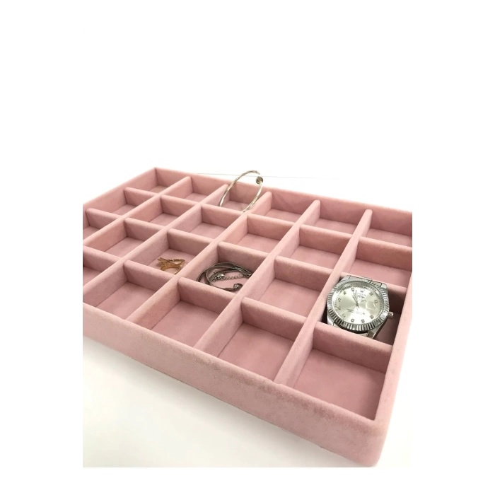 Yerli Üretim Süet Kumaş Pembe Renk 34 Cm / 24 Cm 24 Bölmeli Çekmece Içi Takı Standı