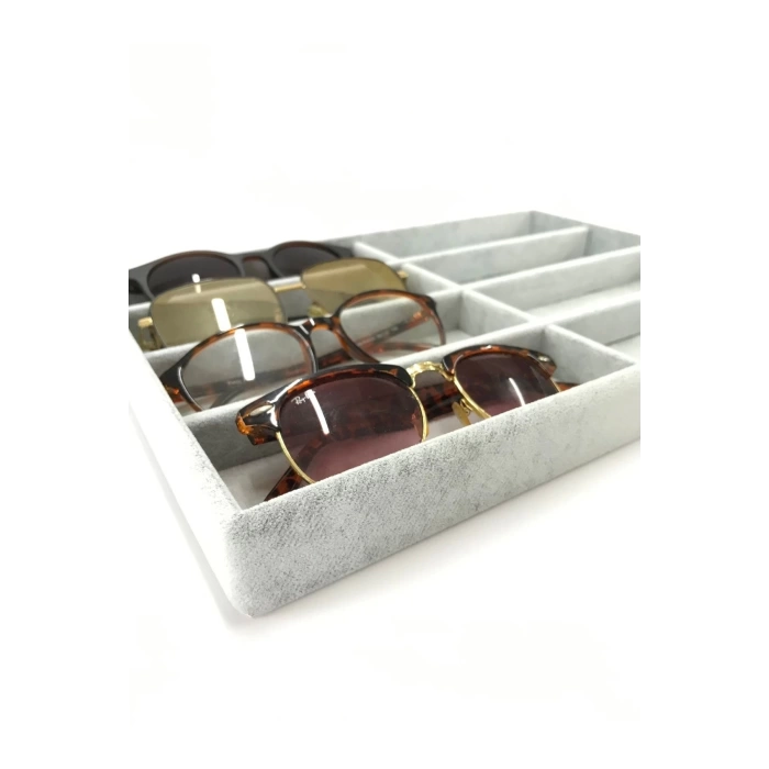 Yerli Üretim New York Model Süet Süet Kumaş Gri Renk 34/24 Cm Bölmeli Çekmece Içi Gözlük Standı