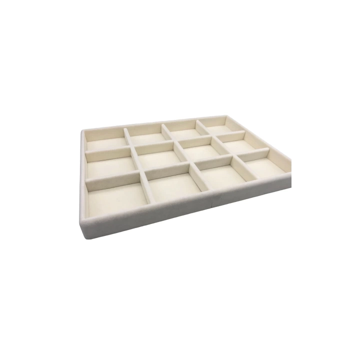 Yerli Üretim Süet Kumaş Krem Renk 34 Cm / 24 Cm 12 Bölmeli Çekmece Içi Takı Standı