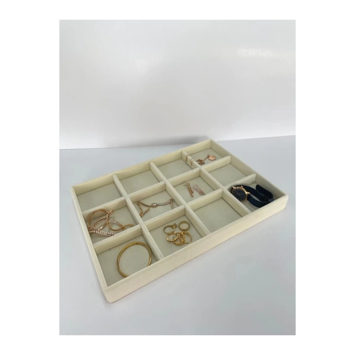 Yerli Üretim Süet Kumaş Krem Renk 34 Cm / 24 Cm 12 Bölmeli Çekmece Içi Takı Standı