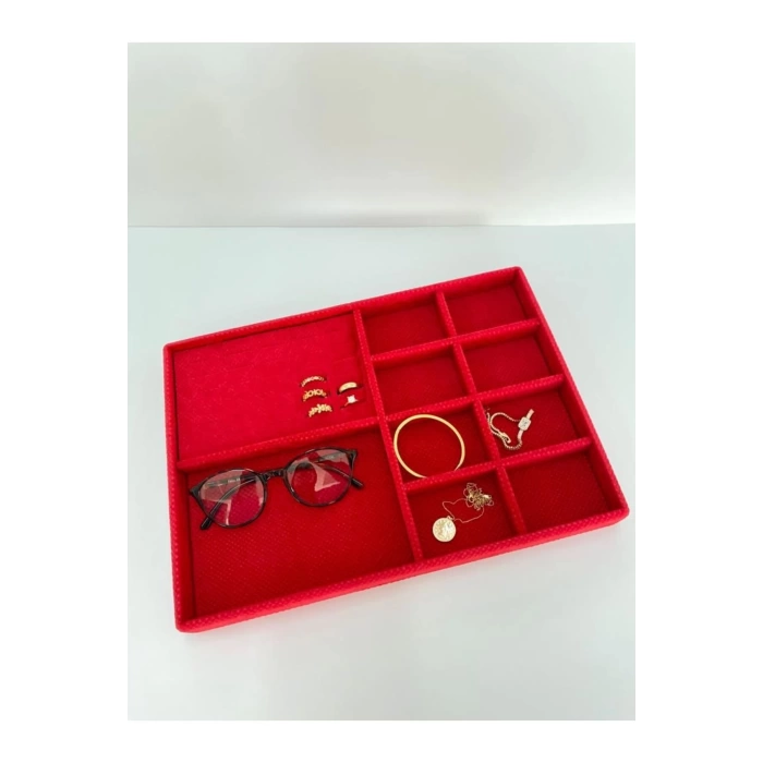 Yerli Üretim Sidney Model Keten Kumaş Kırmızı Renk 34/24 Cm Çekmece Ici Takı Standı
