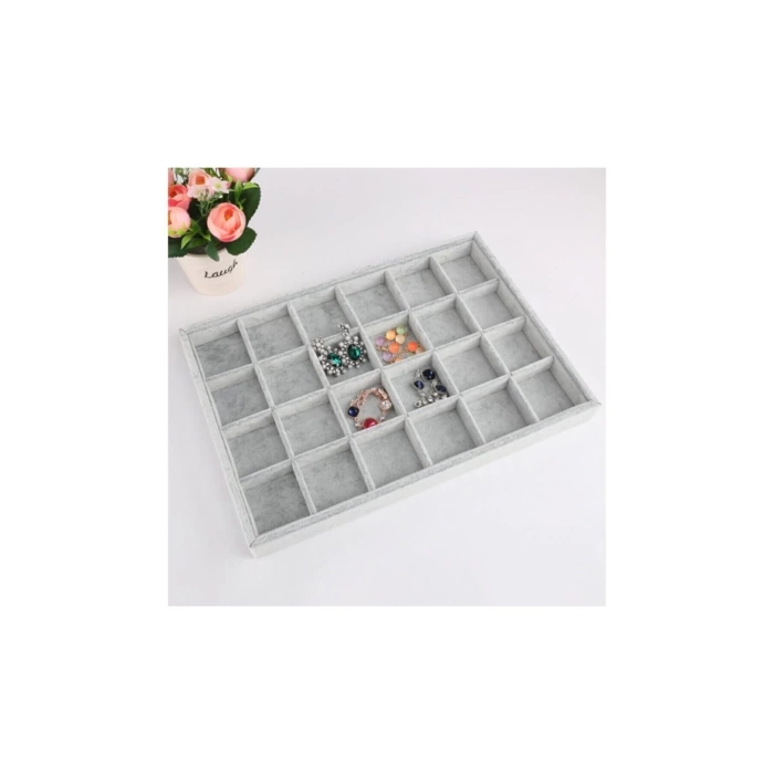 Yerli Üretim Süet Kumaş Gri Renk 34 Cm / 24 Cm Bölmeli Çekmece Içi Takı Standı