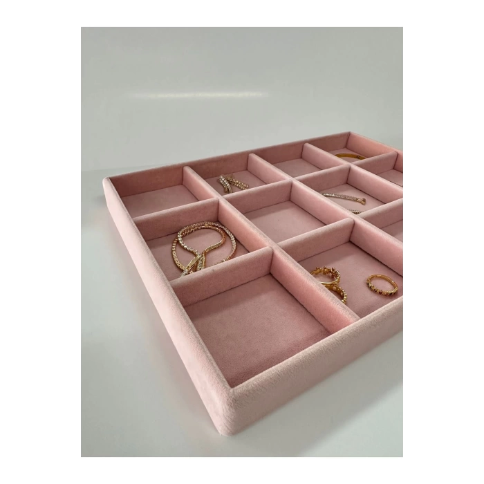 Yerli Üretim Süet Kumaş Pembe Renk 34 Cm / 24 Cm 12 Bölmeli Çekmece Içi Takı Standı