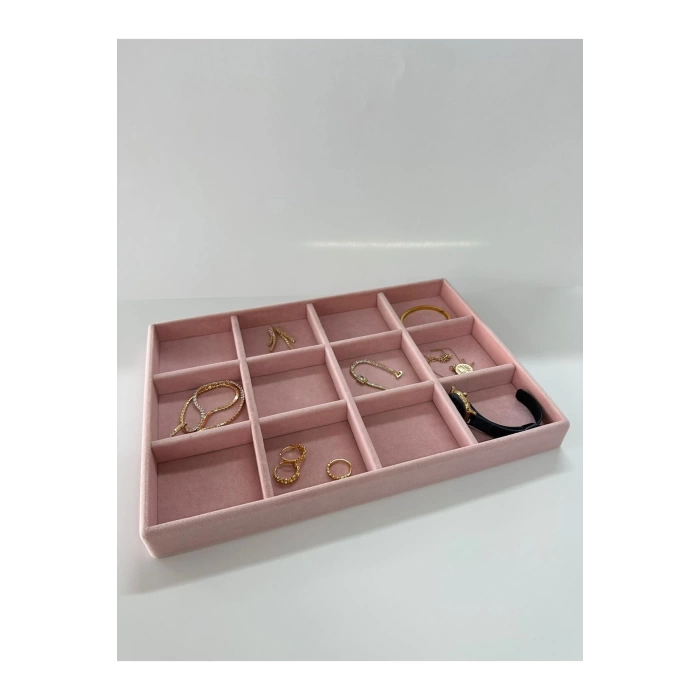 Yerli Üretim Süet Kumaş Pembe Renk 34 Cm / 24 Cm 12 Bölmeli Çekmece Içi Takı Standı