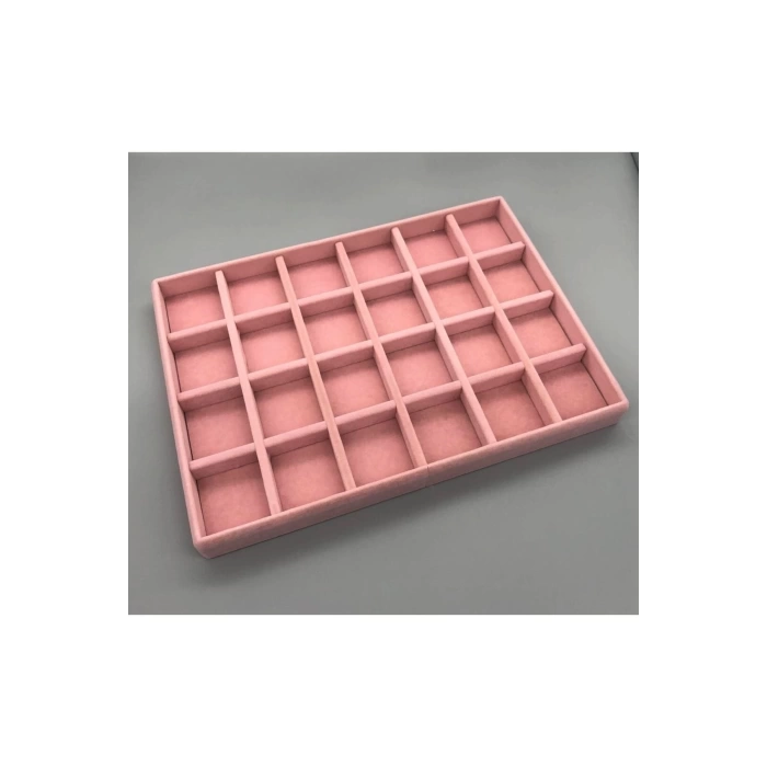 Yerli Mdf Üzerine Kumaş Kaplama Oval Köşeli Süet Pembe 24 Bölmeli Takı Tablası