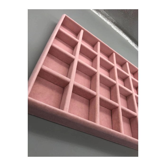 Yerli Mdf Üzerine Kumaş Kaplama Oval Köşeli Süet Pembe 24 Bölmeli Takı Tablası