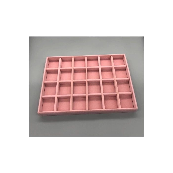 Yerli Mdf Üzerine Kumaş Kaplama Oval Köşeli Süet Pembe 24 Bölmeli Takı Tablası