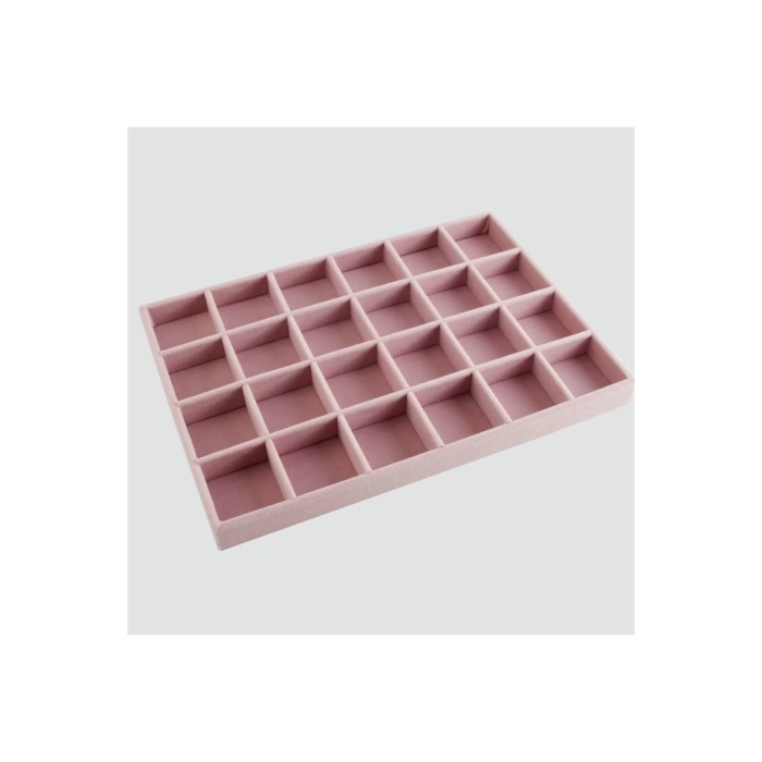 Yerli Üretim Süet Kumaş Pembe Renk 34 Cm / 24 Cm 24 Bölmeli Çekmece Içi Takı Standı