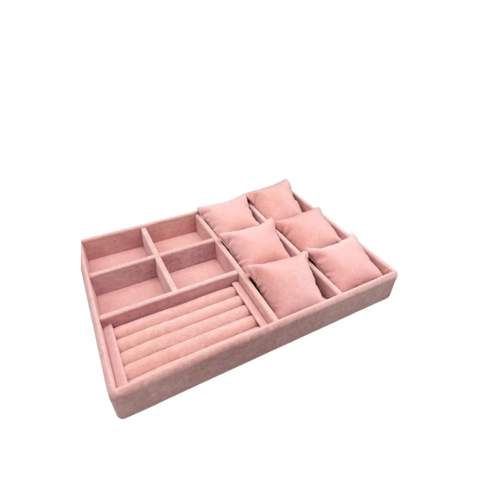 Yerli Süet Pembe Çoklu Takı Stand Kutu Tablası