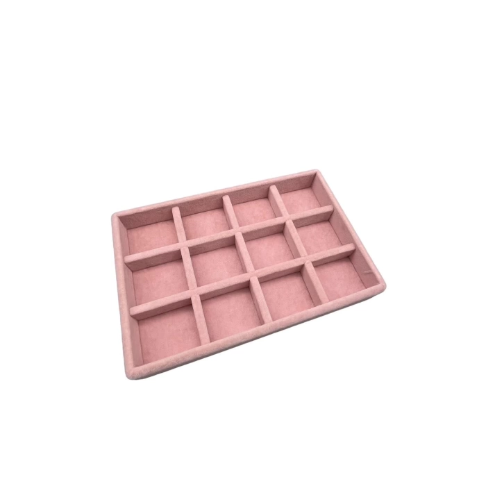 Yerli Üretim Küçük Boy Süet Kumaş Pembe Renk 12 Bölmeli Takı Sergileme Çekmece Içi Standı