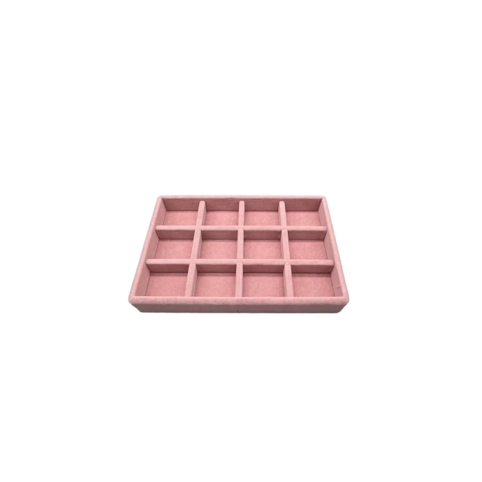 Yerli Üretim Küçük Boy Süet Kumaş Pembe Renk 12 Bölmeli Takı Sergileme Çekmece Içi Standı