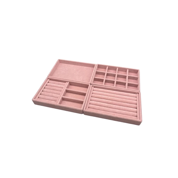 Yerli Üretim Süet Kumaş Pembe Renk 4 lü Takım Çekmeçe İçi Takı Standı