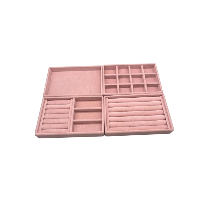Yerli Üretim Süet Kumaş Pembe Renk 4 lü Takım Çekmeçe İçi Takı Standı