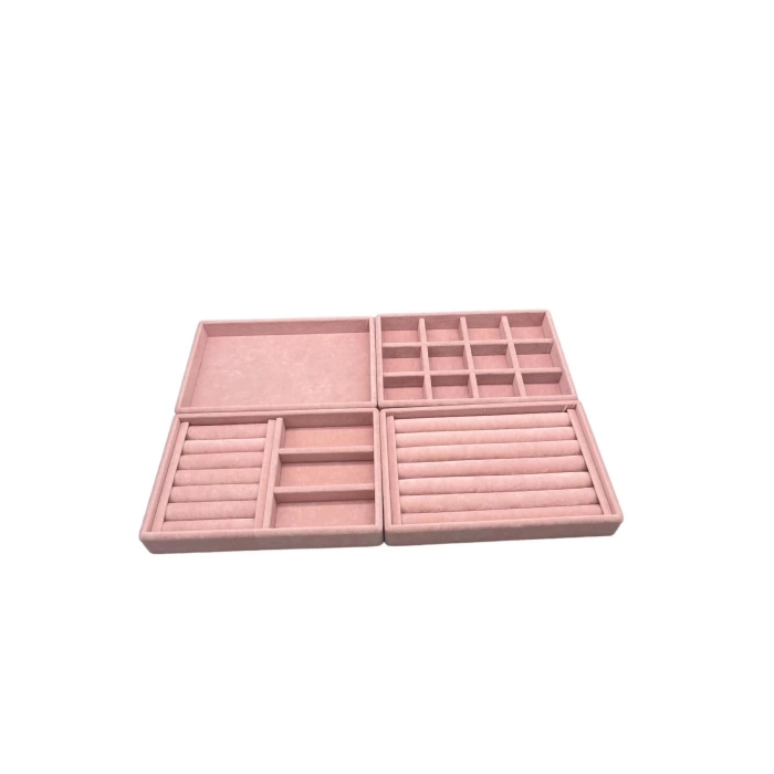 Yerli Üretim Süet Kumaş Pembe Renk 4 lü Takım Çekmeçe İçi Takı Standı
