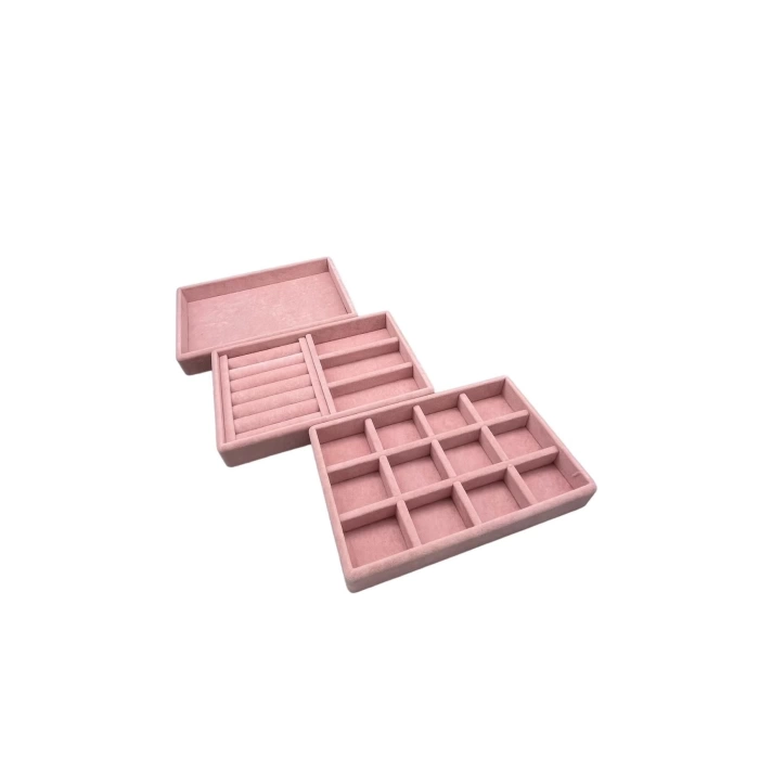 Yerli Üretim Süet Kumaş Pembe Renk 3 lü Takım Çekmeçe İçi Takı Standı