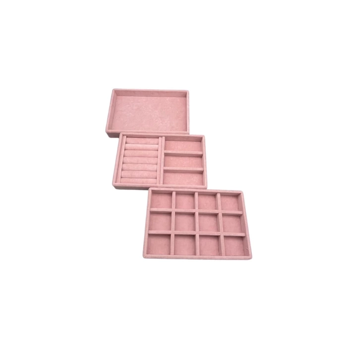 Yerli Üretim Süet Kumaş Pembe Renk 3 lü Takım Çekmeçe İçi Takı Standı