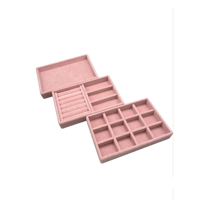 Yerli Üretim Süet Kumaş Pembe Renk 3 lü Takım Çekmeçe İçi Takı Standı