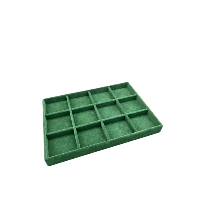 Yerli Üretim Süet Kumaş Yeşil Renk 34 Cm / 24 Cm 12 Bölmeli Çekmece Içi Takı Standı