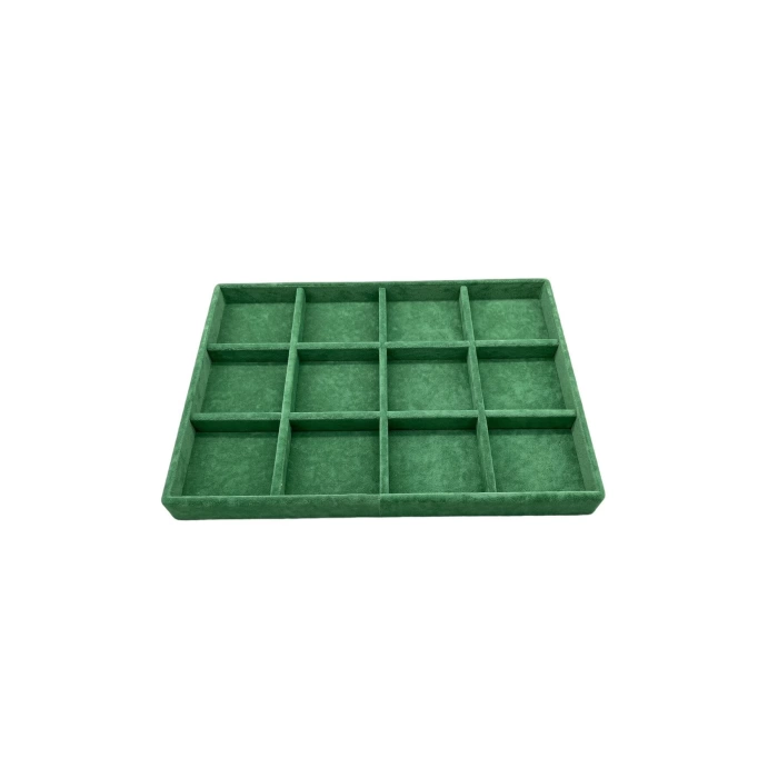 Yerli Üretim Süet Kumaş Yeşil Renk 34 Cm / 24 Cm 12 Bölmeli Çekmece Içi Takı Standı